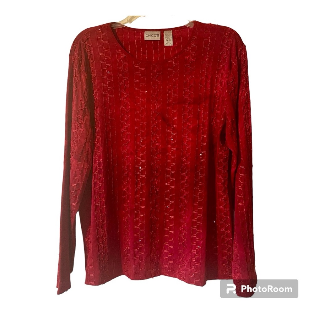 CHICOS tie dye | sequin | long sleeve | cranberry red shirt | size 2=L 10/12 EUC
